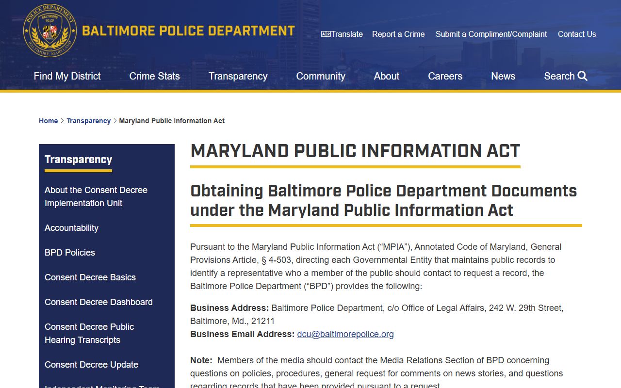 Baltimore Police Department MPIA page for Baltimore 72 hour booking records requests