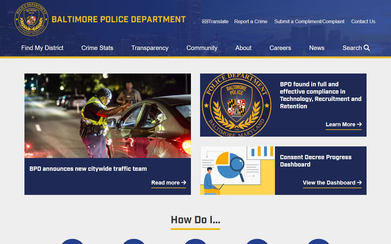 Baltimore Police Department homepage for Baltimore 72 hour booking arrests