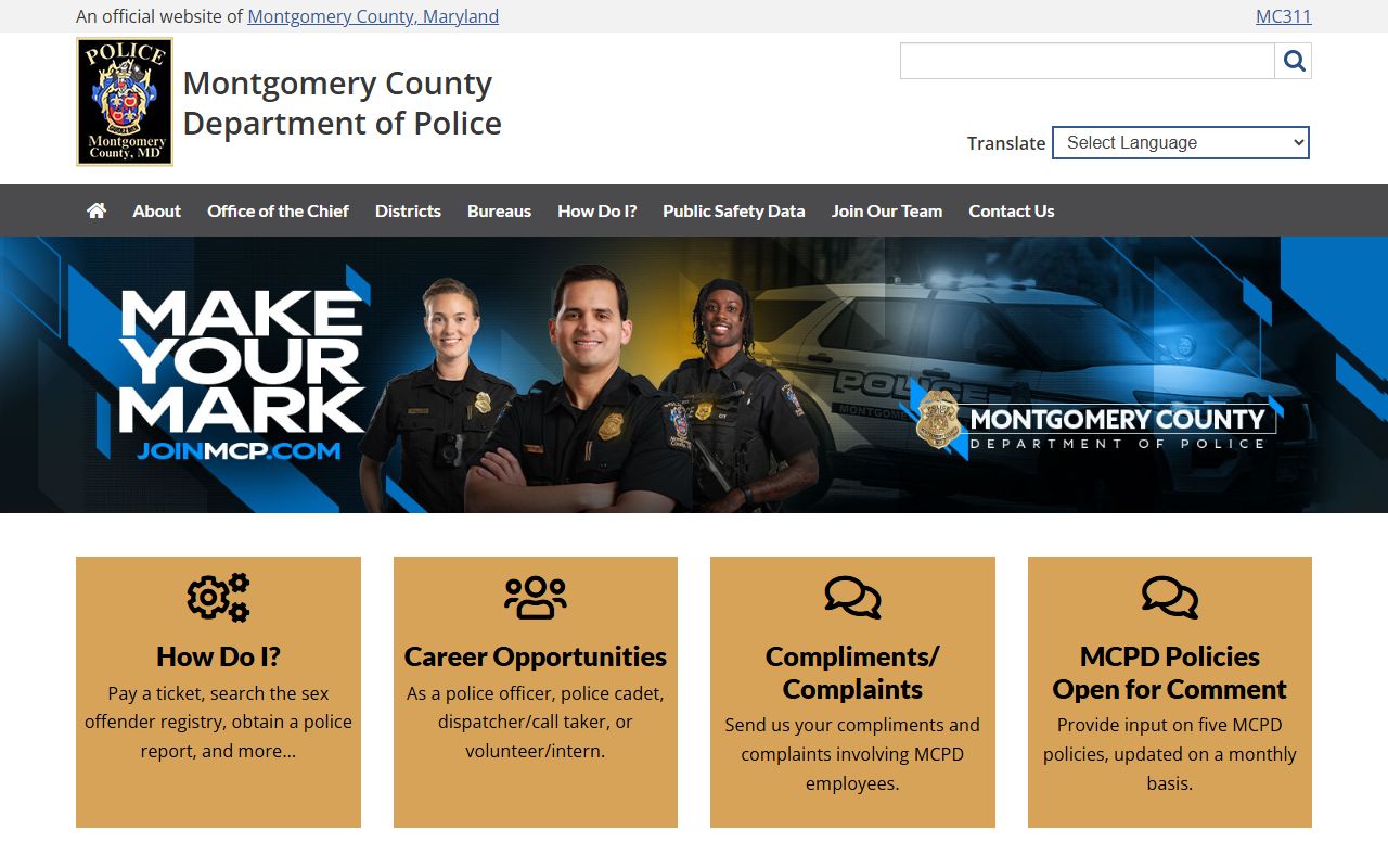 Montgomery County Police Department website for Bethesda 72 hour booking