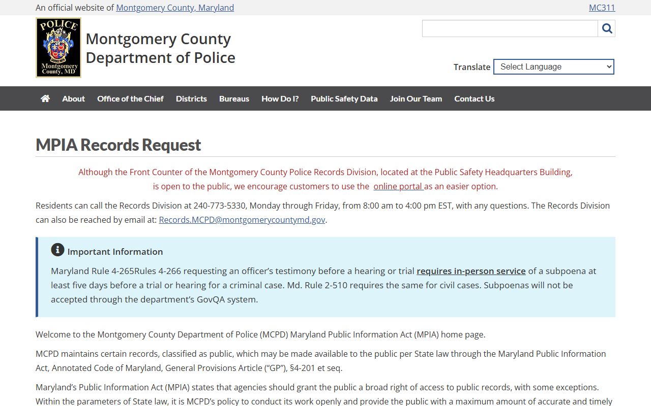 Montgomery County Police records request page for Germantown 72 hour booking