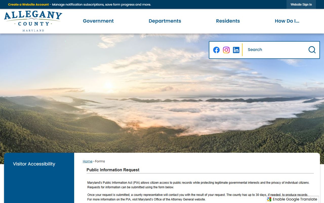 Allegany County PIA request form for 72 hour booking records