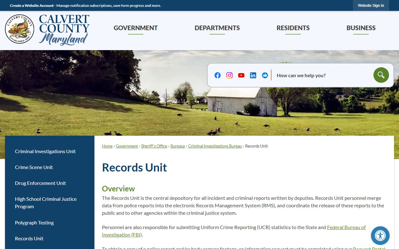 Calvert County Records Unit for booking and arrest record requests