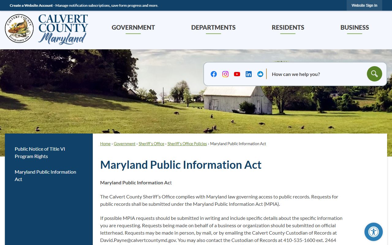 Calvert County Maryland Public Information Act page for records requests