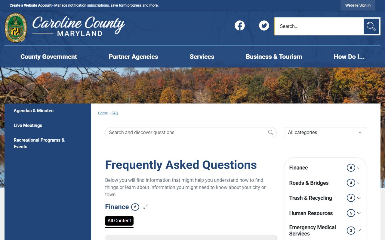 Caroline County FAQ page related to public services and records
