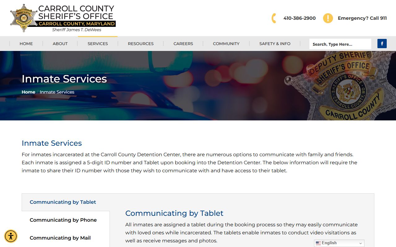 Carroll County Inmate Services page for visitation and booking details