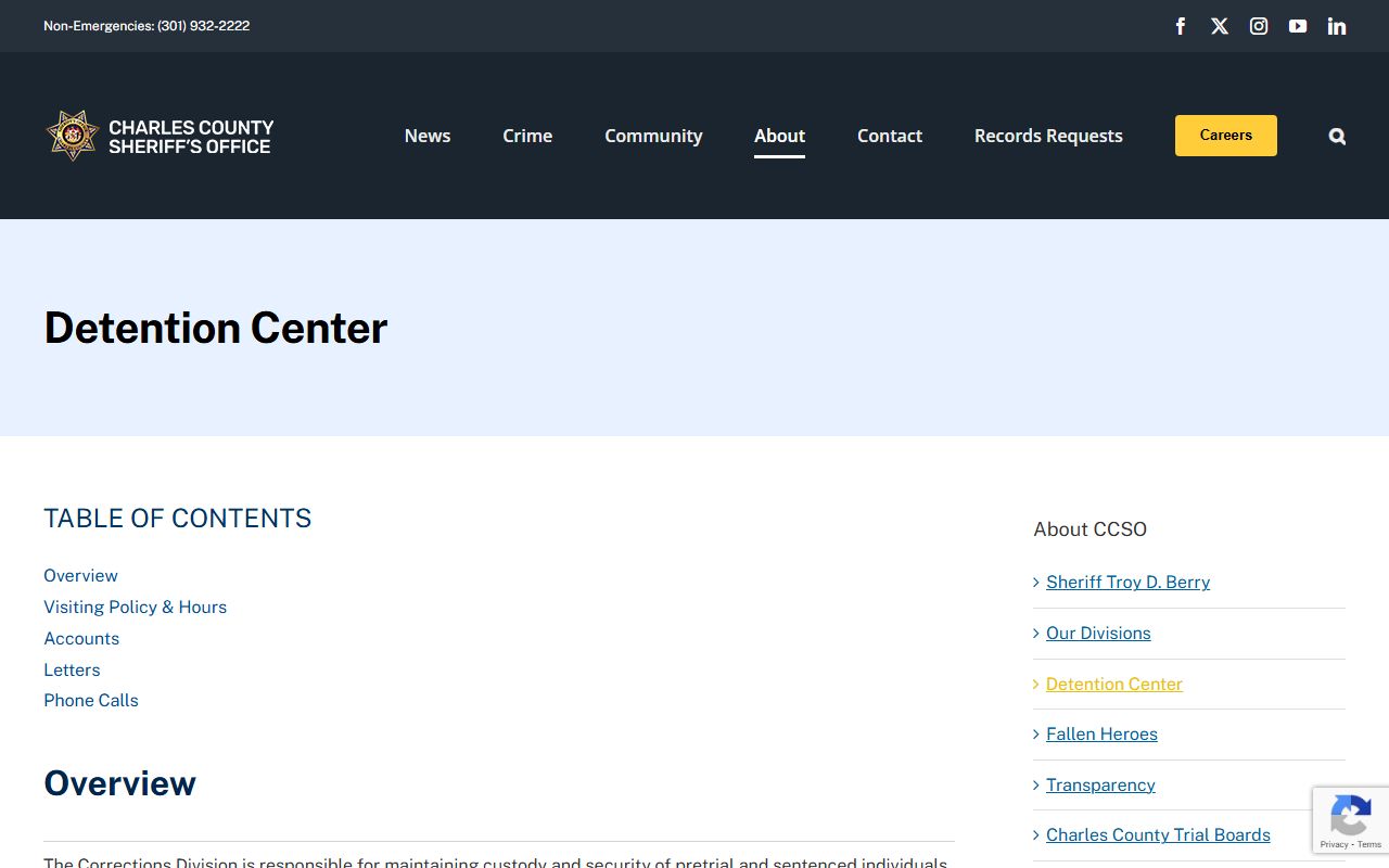 Charles County Detention Center page for 72 hour booking records