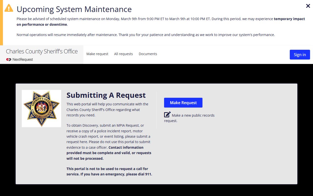 Charles County NextRequest portal for 72 hour booking records requests
