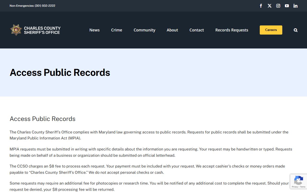Charles County public records request page for booking information