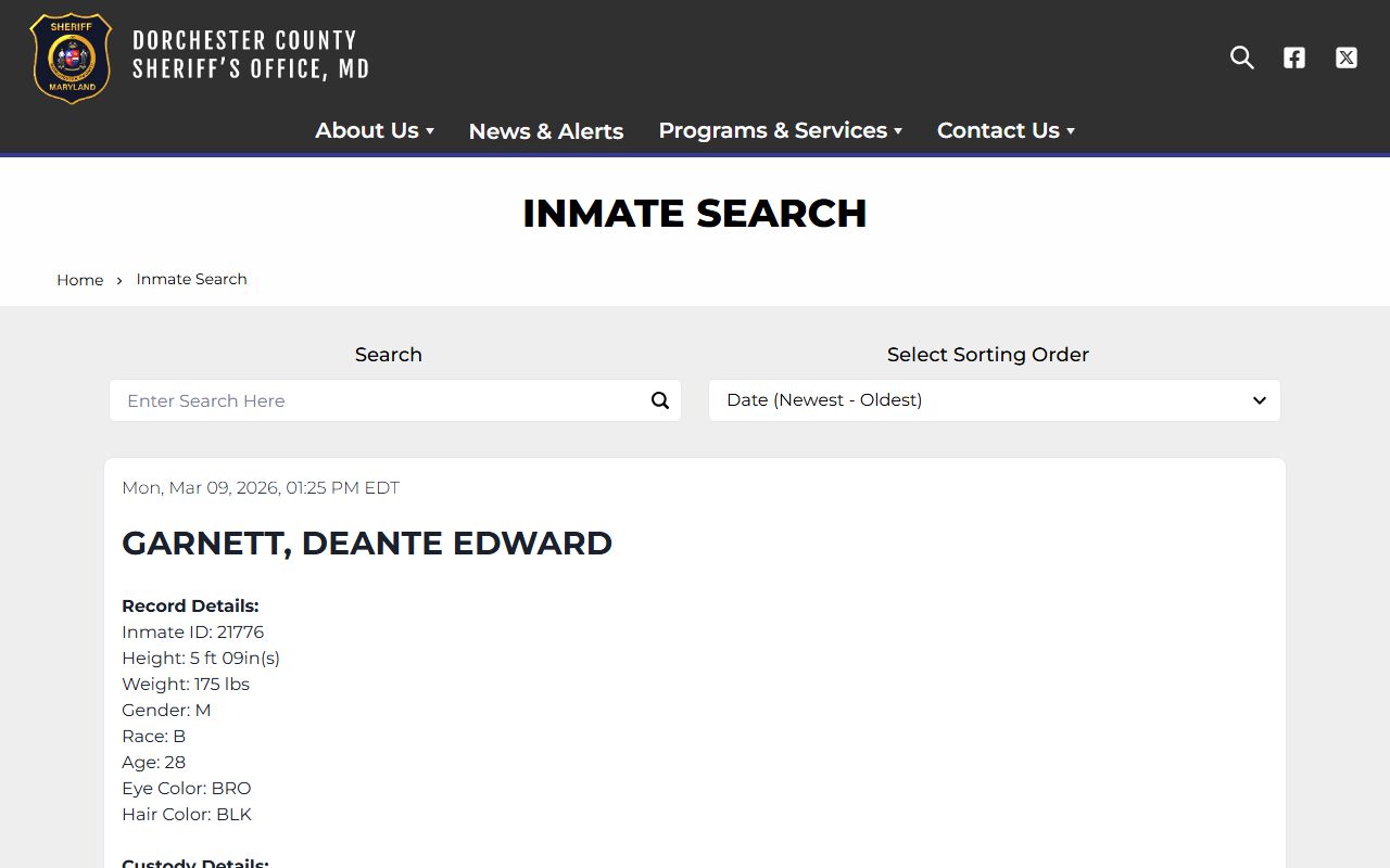 Dorchester County Sheriff inmate search page for 72 hour booking records