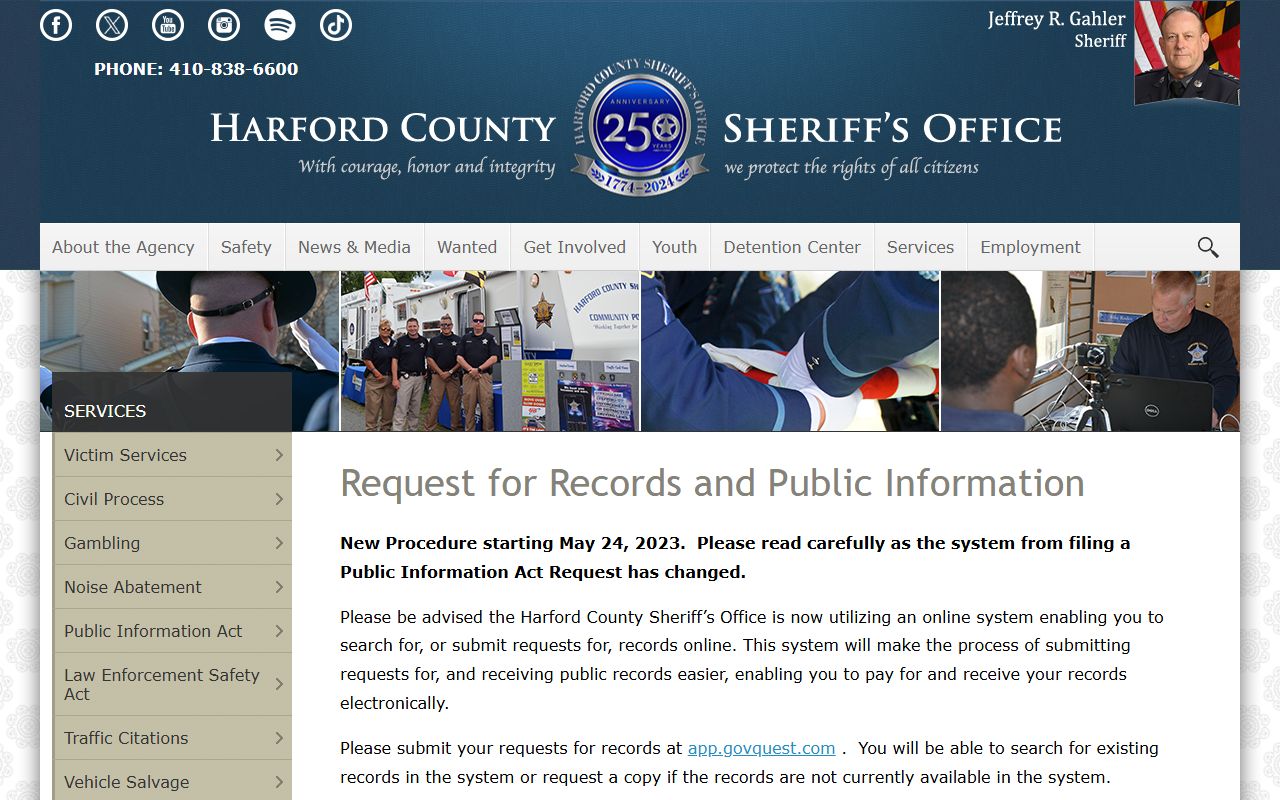 Harford County Sheriff MPIA request page for 72 hour booking records