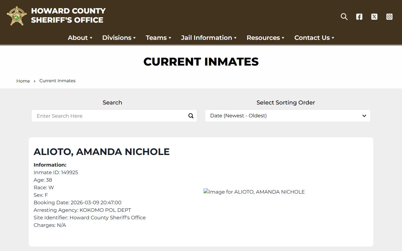 Howard County inmate search page for 72 hour booking records