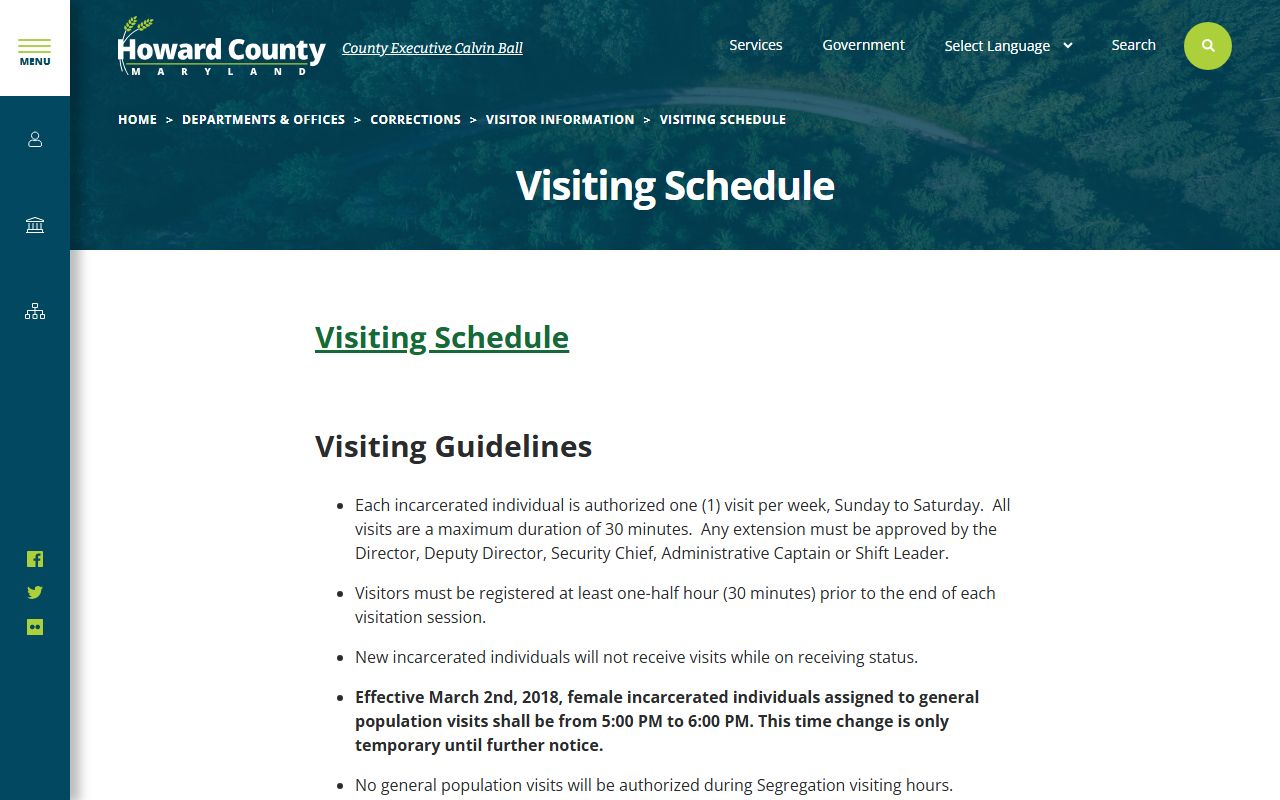 Howard County Detention Center visiting schedule page