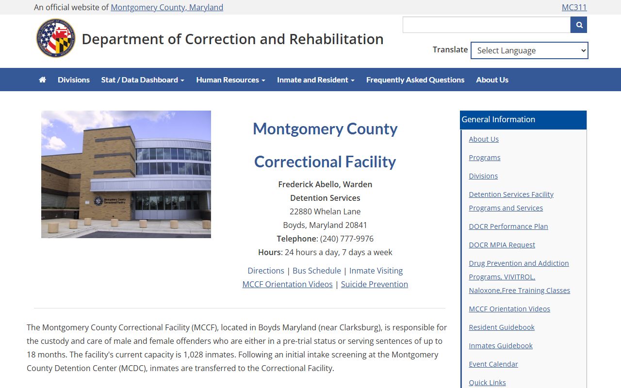 Montgomery County Correctional Facility MCCF page for booking and inmate services