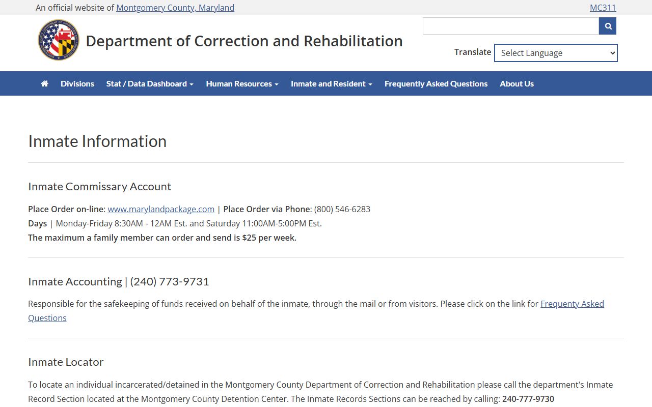 Montgomery County inmate information page for 72 hour booking lookups