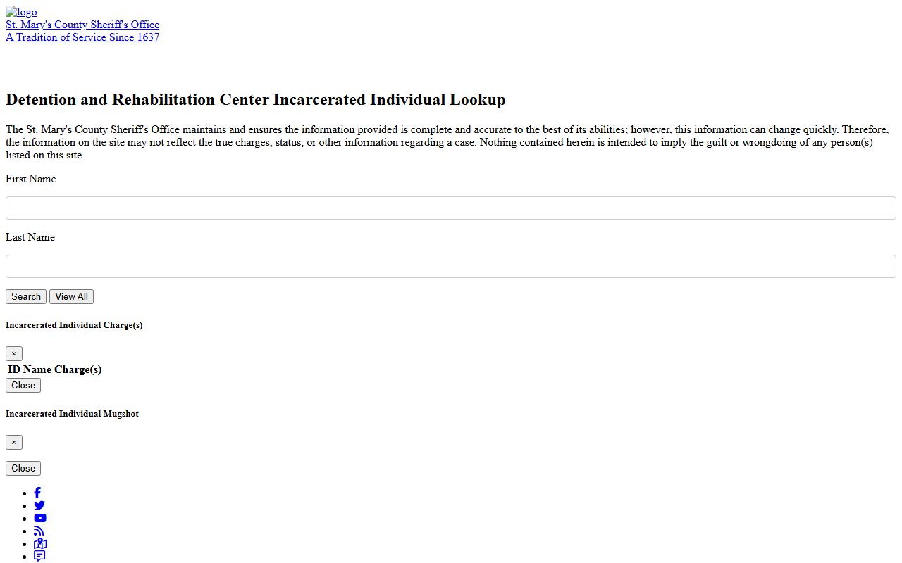 St. Mary's County 72 hour booking detention center search application