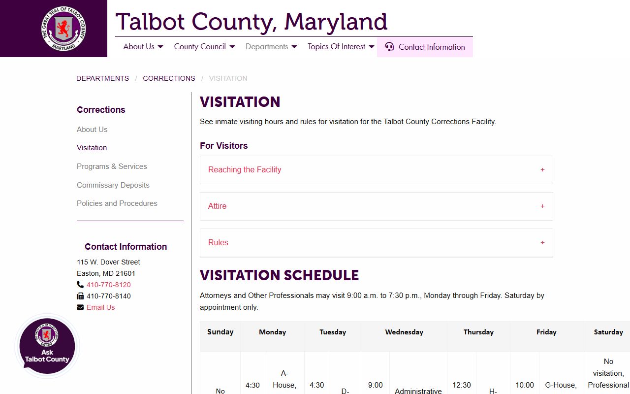 Talbot County visitation information for detention center inmates
