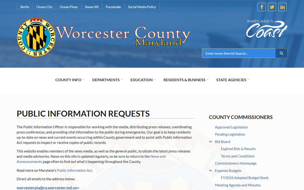 Worcester County public information request page for 72 hour booking records
