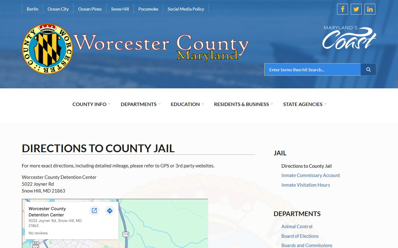 Worcester County Jail directions page for 72 hour booking facility