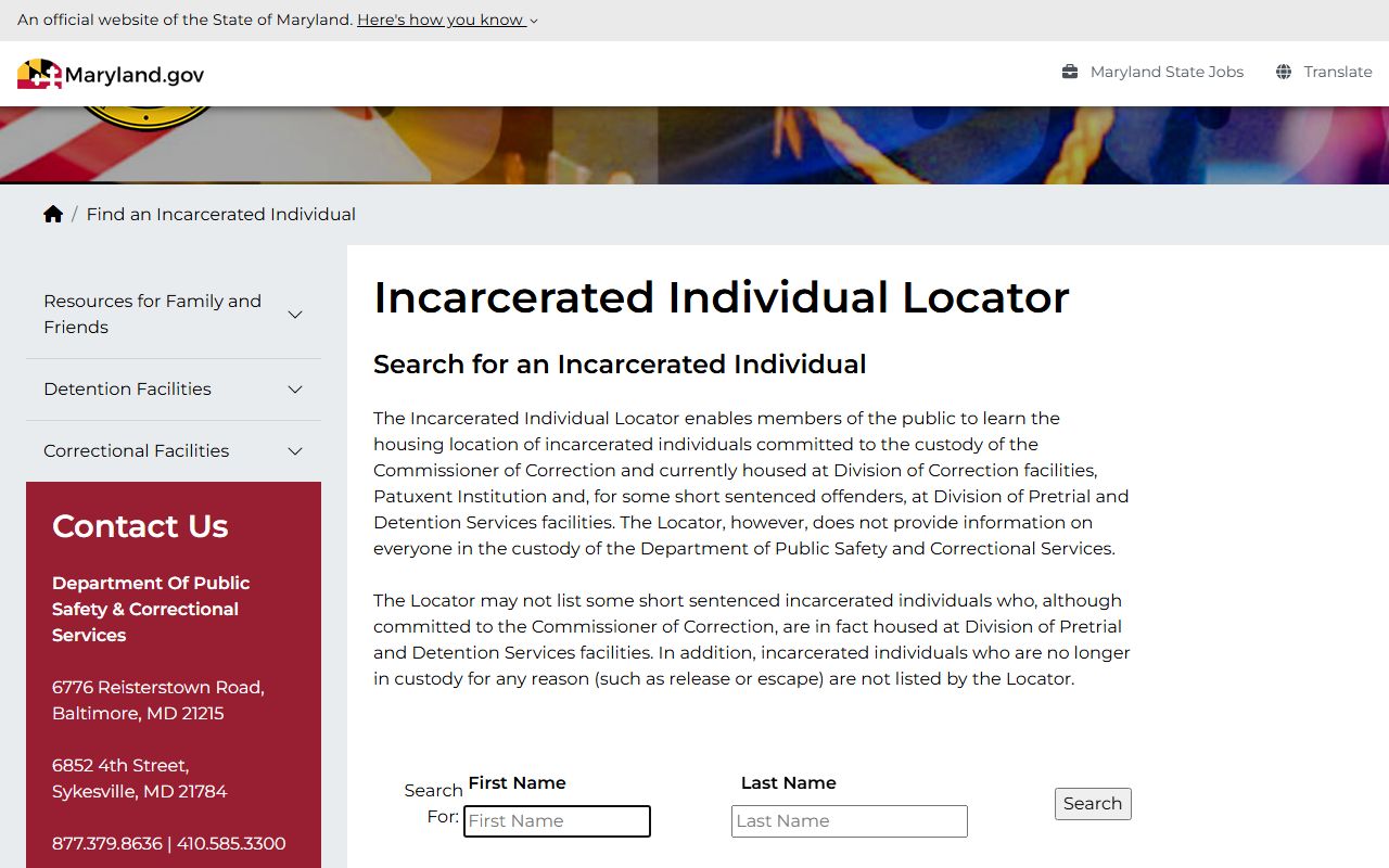 DPSCS Incarcerated Individual Locator for Maryland 72 hour booking records